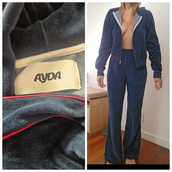 Nwt AYDA set: Luxury Winter Blue Velvet W Burgundy Piping Pants + Top Xs/S - Picture 7 of 7